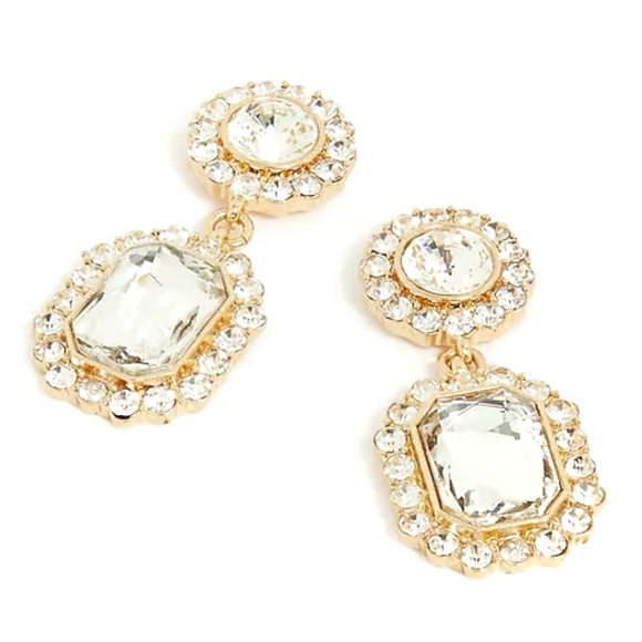 J. CREW Crystal Drop Earrings Gold Plated Emerald Cut Crystal Pierced Push Back - Picture 2 of 6
